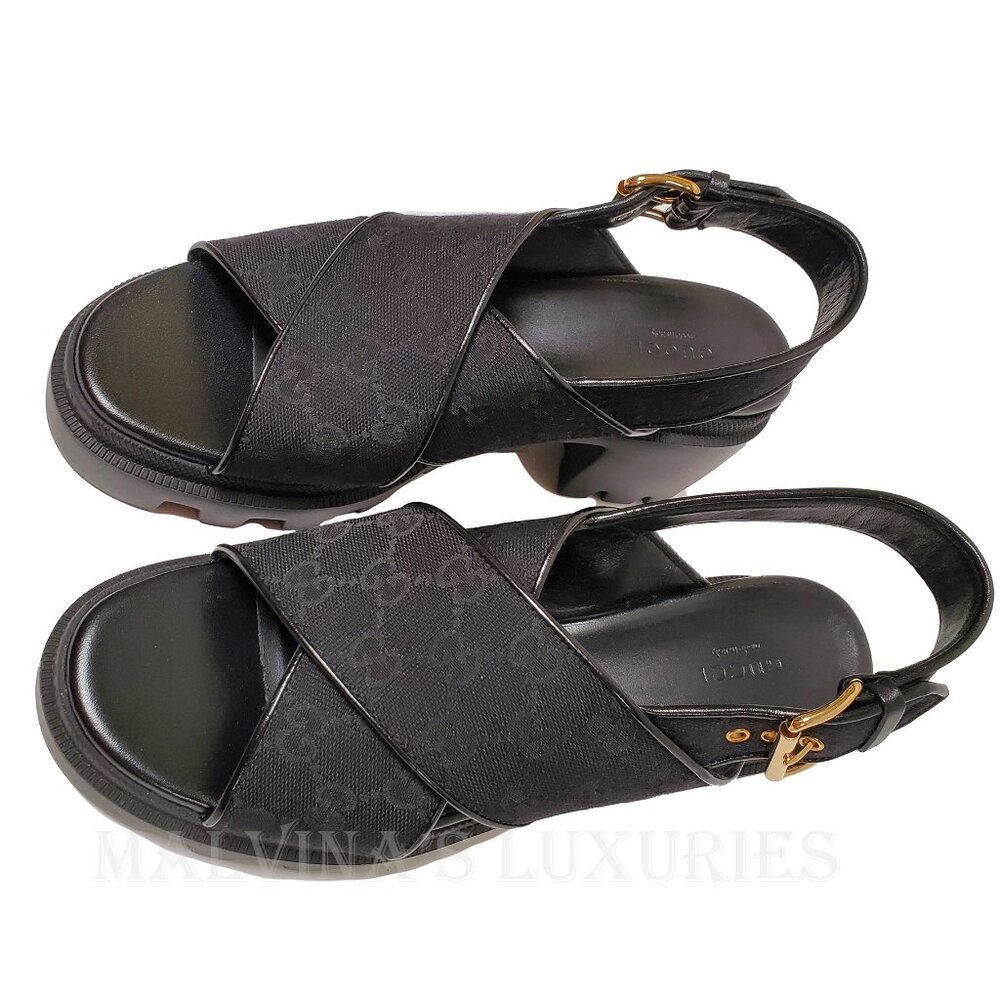 GUCCI SHOES BLACK GG SUPREME CANVAS CHUNKY LUG SOLE SANDALS - Picture 4 of 15